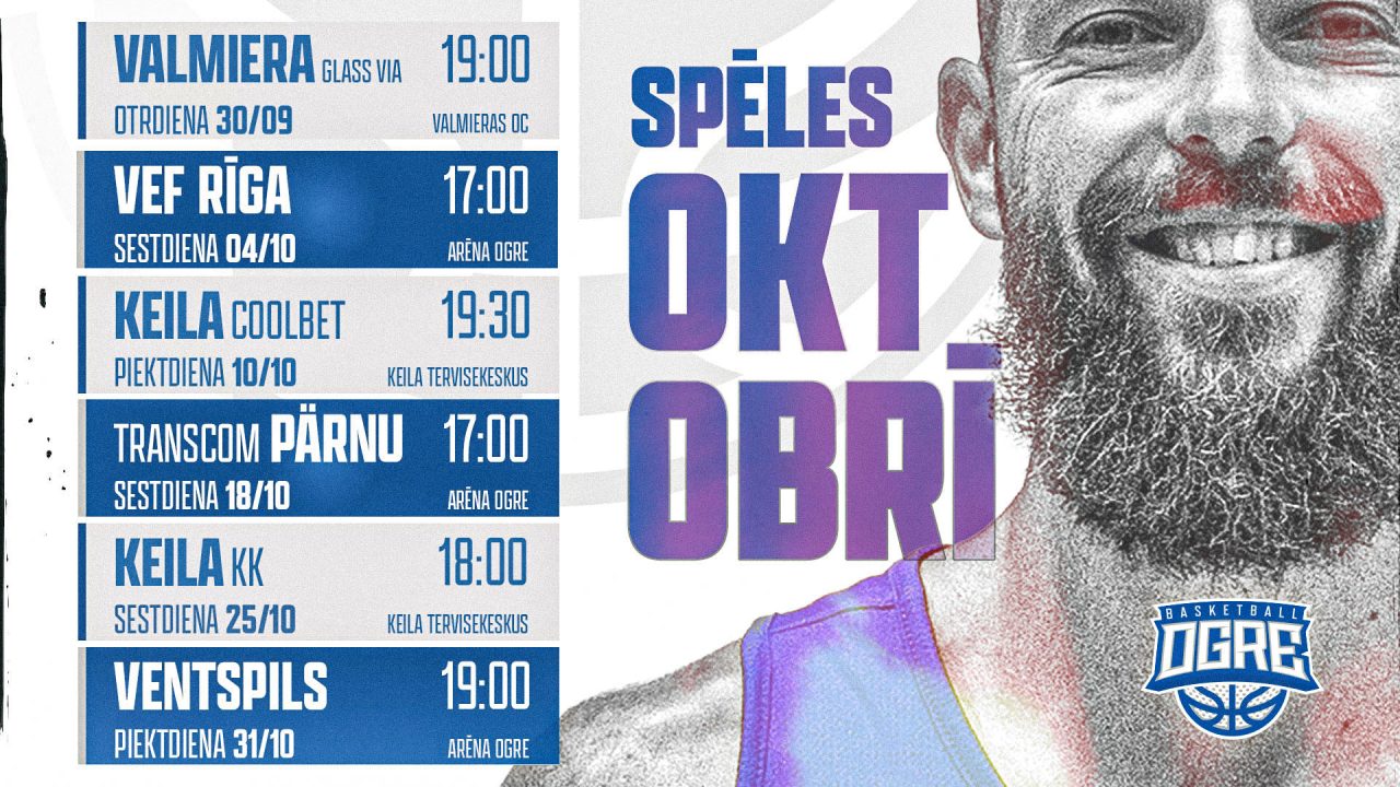 Basketbola kluba OGRE spēļu kalendārs oktobrī